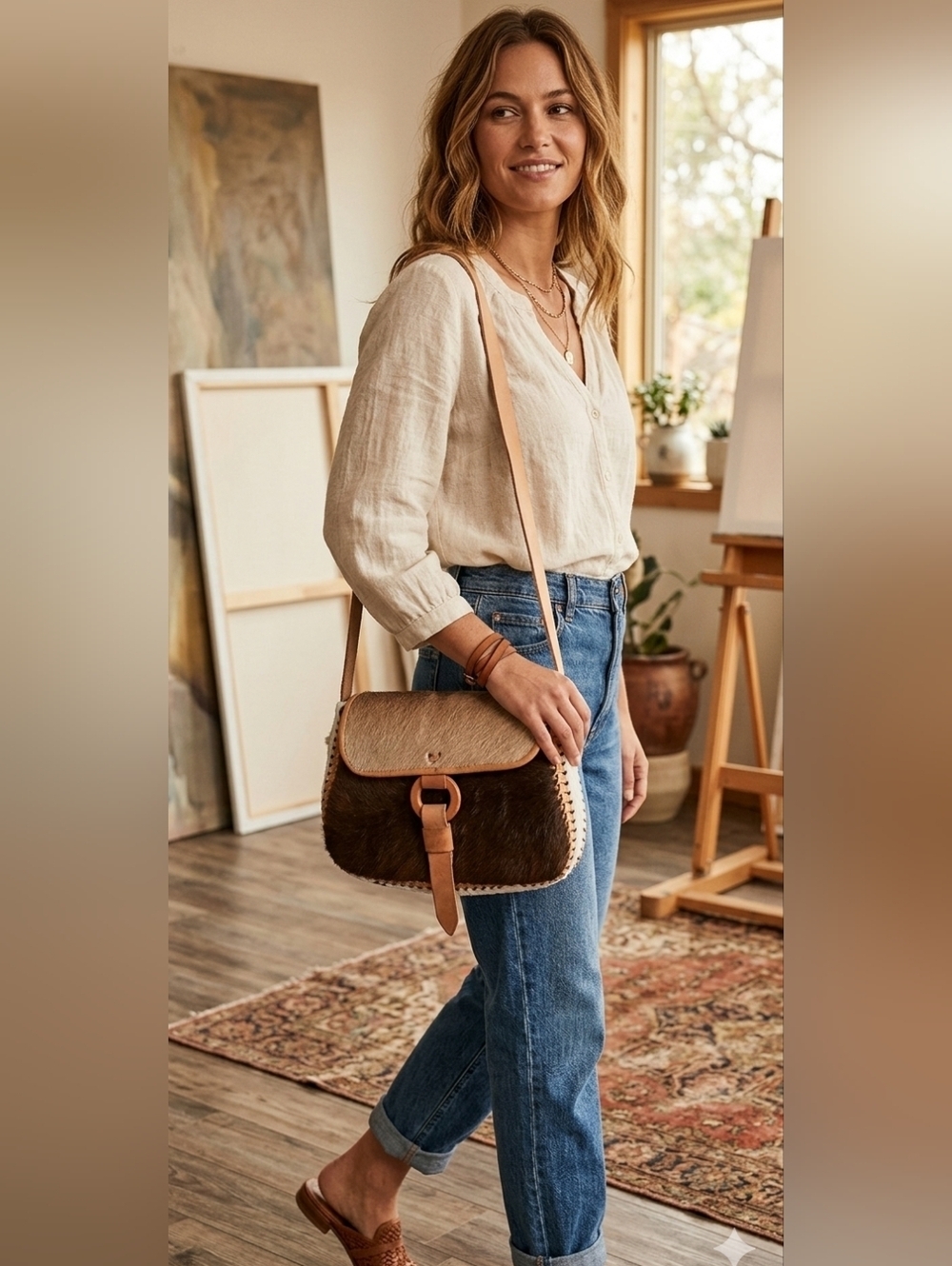 Womens Handmade Brown Cowhide Leather Whipstitch CrossBody Bag 10x7"